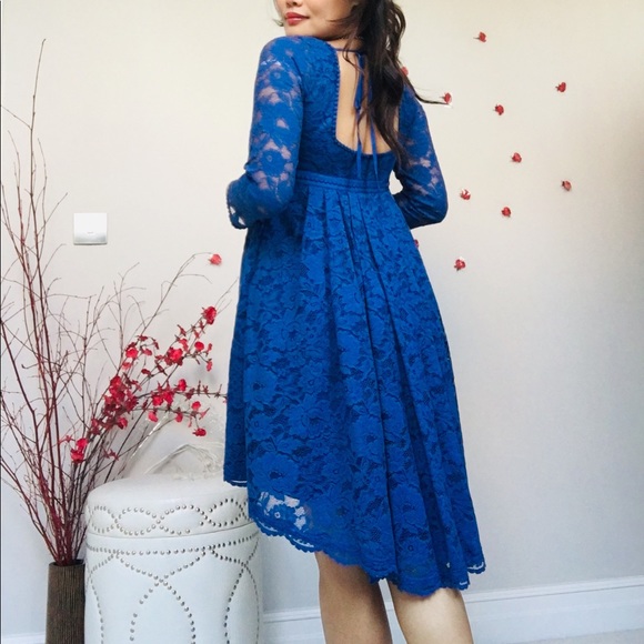 ✨Free People Royal Blue Floral Lace Empire Dress✨ - Picture 4 of 8